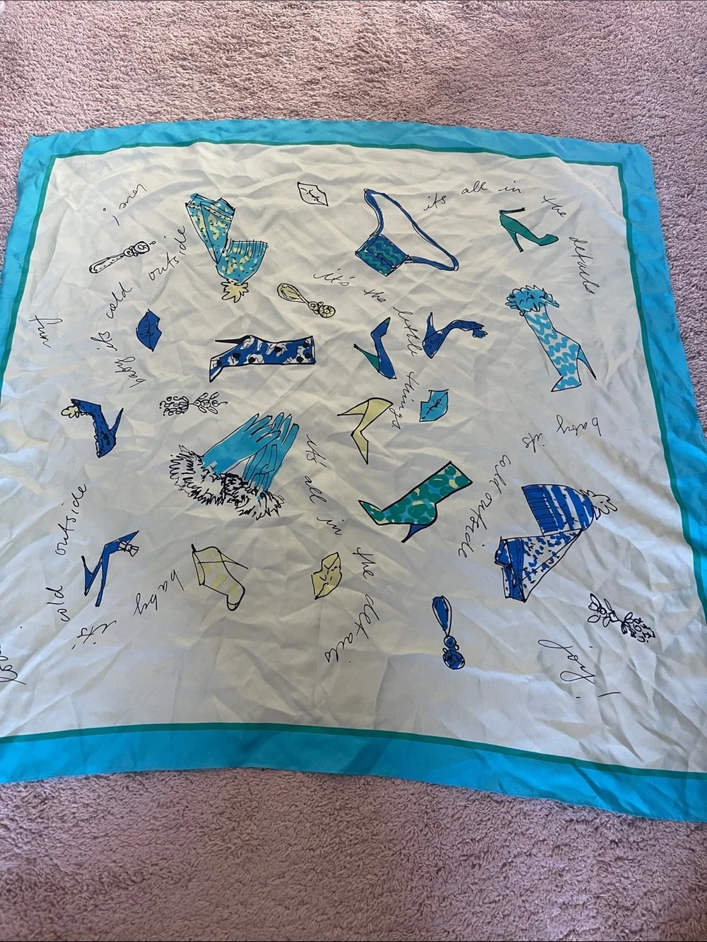 Silk-Feel Fashion Illustration Scarf in Turquoise & White
